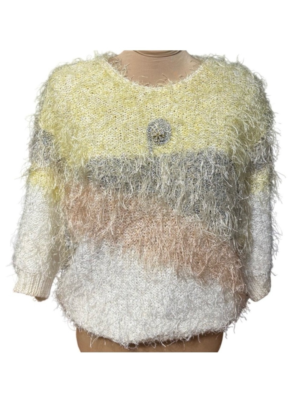 Madeleine Fuzzy Eyelash Knit Sweater Yellow Peach Gradient Brooch 80s Vintage